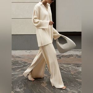 Commense Cream Pleated Satin Set Blouse S + Pants S NWT